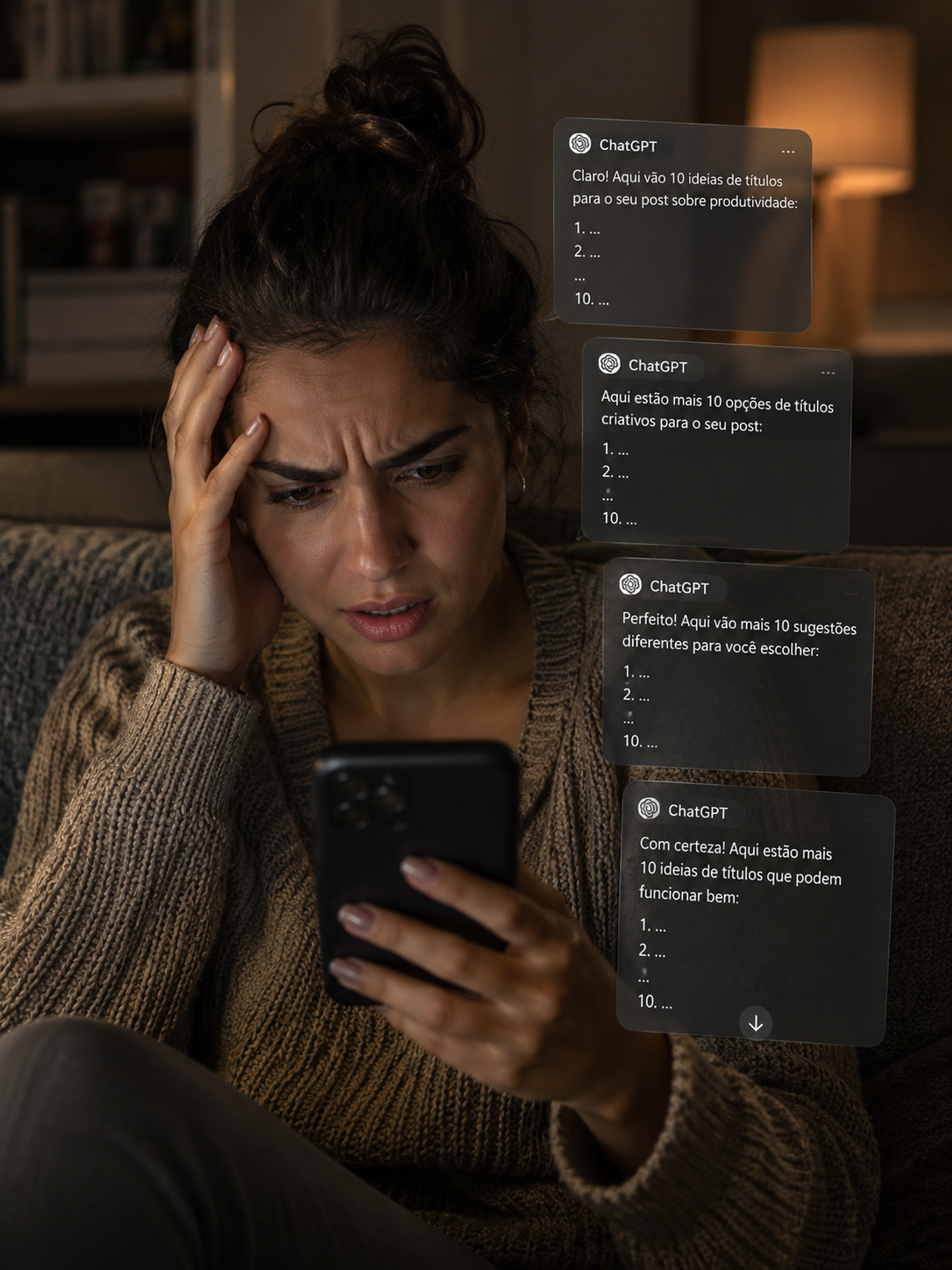 Mulher frustrada olhando o celular com várias respostas repetidas do ChatGPT flutuando ao lado